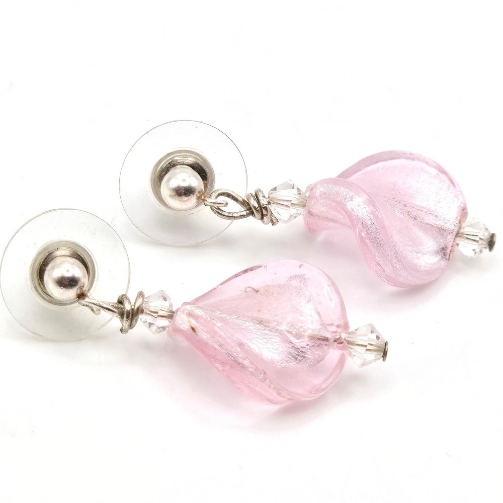 Sterling Silver 925 Pink Art Glass Foil Twist Drop Earrings Crystal Accents